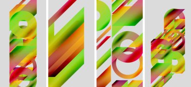 Soyut geometrik bileşim. Dört panel üst üste binen canlı şekiller, çizgiler, gradyanlar gösteriyor. Renkler arasında yeşil, kırmızı, turuncu, sarı var. Modern tasarım.
