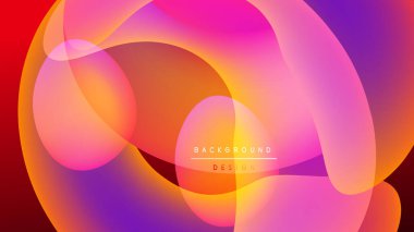 Soyut, enerjik şekiller çakışıyor, renkli gradyanlar yaratıyor. Pembe, turuncu, mor renkler koyu arkaplana hakim. Modern tasarım ögesi.