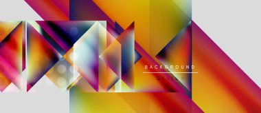 Soyut geometrik şekiller, canlı renklerin karışımı. Modern tasarım üst üste binen üçgenler, gradyanlar, metin elementleri içerir. Parlak, dinamik kompozisyon.