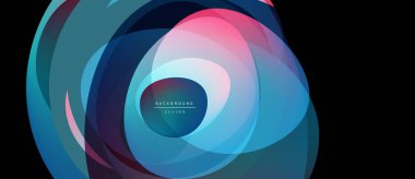 Soyut tasarım katmanlı şekiller, canlı renkler içerir. Mavi, pembe, deniz mavisi renkleri dinamik görsel efekt yaratır. Modern, akıcı kompozisyon.