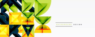 Soyut geometrik şekiller, canlı renkler, modern tasarım. Sarı, yeşil, siyah elementler dinamik bileşim oluşturur. Temiz beyaz alan görsel etkiyi dengeler.