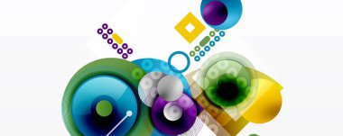 Soyut renkli şekiller örtüşür, dinamik görsel kompozisyon yaratır. Çemberler, kareler, çizgiler modern tasarım elementleri oluşturur.