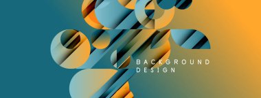 Soyut geometrik şekiller örtüşür, dinamik görsel efekt yaratır. Teal, turuncu renkler kompozisyona hakim. Modern tasarım elemanları.