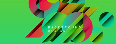 Parlak soyut tasarım renkli geometrik şekiller içerir. Canlı yeşil zemin dinamik kompozisyonu tamamlar. Modern görsel element.