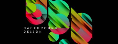 Soyut geometrik şekiller örtüşüyor, canlı renk eğimleri yaratıyor. Tasarım siyah arka planda kırmızı, yeşil ve mavi renklere sahiptir. Modern estetik.