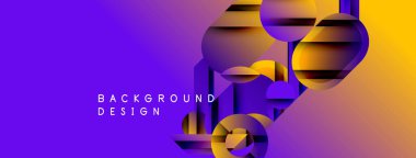 Soyut geometrik şekiller canlı mor, sarı renkleri harmanlarlar. Modern tasarım üst üste binen silindirler, dinamik görsel efekt yaratan küreler.