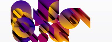 Soyut şekiller örtüşüyor, canlı gradyanlar yaratıyor. Mor, turuncu renkler kompozisyona hakim. Modern tasarım, dijital sanat tarzı.