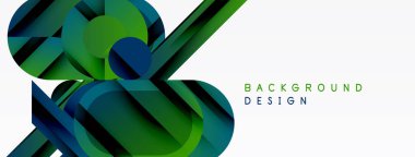 Soyut geometrik şekiller çakışıyor. Yeşil, deniz mavisi renkleri dizaynın hakimi. Beyaz alan karşıtlık ve modern estetik sağlar.