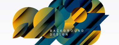 Soyut geometrik şekiller örtüşür, dinamik görsel efekt yaratır. Altın, donanma, deniz mavisi renkleri baskın bileşim. Modern tasarım ögesi.