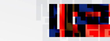 Pikselleştirilmiş resim kısmi ABD bayrağı gösteriyor. Kırmızı, beyaz, mavi renkler kompozisyona hakim. Soyut tasarım, dijital sanat.