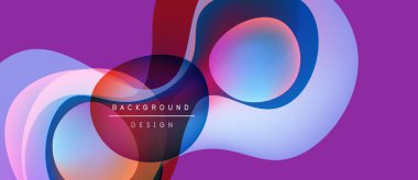 Soyut sıvı şekilleri örtüşür ve canlı renk değişimleri yaratır. Mor arka plan, dinamik görsel efekti arttırır. Modern tasarım ögesi.