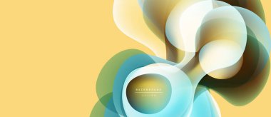 Soyut şekiller örtüşür, parlak bir etki yaratır. Sarı arkaplan akış biçimlerini tamamlar, yumuşak gradyanlar mevcut. Modern tasarım ögesi.