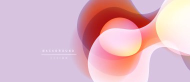 Soyut şekiller örtüşür, yumuşak eğimler yaratır. Açık pembeler, portakallar, sarılar lavanta arka planına karışıyor. Minimalist tasarım unsurları.