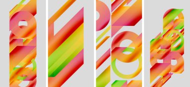 Soyut geometrik desenler. Canlı renkler karışıyor, dinamik görsel deneyim yaratıyor. Modern tasarım, gradyanlar, katmanlı şekiller mevcut.