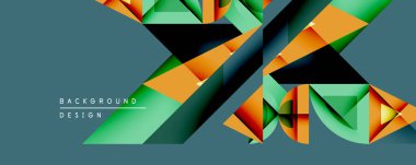 Soyut geometrik tasarım canlı yeşil, turuncu, koyu tonlar içerir. Şekiller örtüşür ve dinamik görsel doku yaratır. Çeşitli uygulamalar için modern arkaplan.