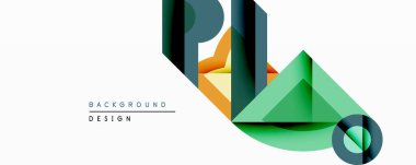Soyut geometrik tasarım katmanlı şekiller, canlı renkler içerir. Çağdaş görsel etki yaratan yeşil, turuncu, mavi elementleri içerir. Minimalist stil, temiz hatlar.