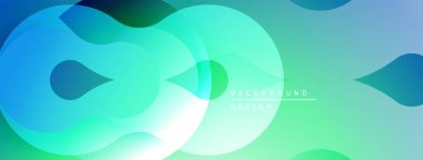 Soyut sıvı şekilleri örtüşür, canlı deniz mavisi ve yeşil eğimler yaratır. Modern tasarım hareketi, enerjiyi, tazeliği çağrıştırıyor.