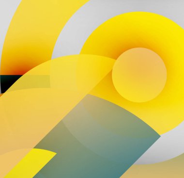Soyut kompozisyon. Üst üste binen kıvrımlar, daireler dinamik görsel efektler yaratır. Sarı, gri renkler palete hakim. Minimalist tasarım.