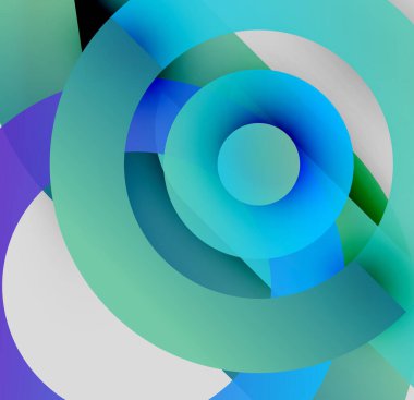 Üst üste binen dairesel şekiller içeren soyut bir kompozisyon. Renkler mavi, yeşiller, beyazlar dinamik görsel efekt yaratır. Minimalist tasarım.
