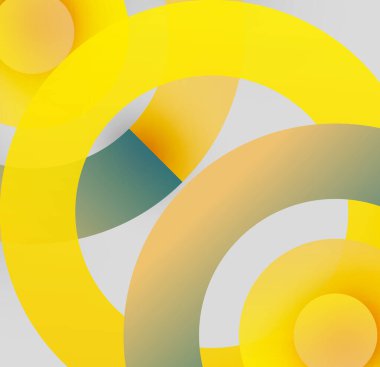 Soyut kompozisyon. Üst üste binen daireler, sarı renkler baskın. Minimalist tasarım, modern estetik, yumuşak gradyanlar mevcut.