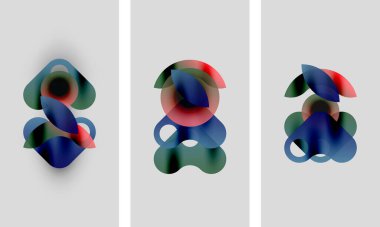 Soyut sanat eserleri. Üç panel üst üste binen yarı saydam şekilleri gösteriyor, kırmızı, mavi, yeşil renkler. Minimalist tasarım, yumuşak gradyanlar mevcut.