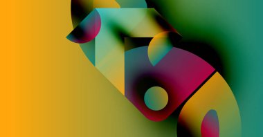 Soyut kompozisyon. Üst üste binen şekiller, canlı renkler dinamik görsel deneyimler yaratır. Yumuşak eğimler, modern tasarım.