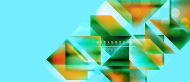 Soyut geometrik şekiller, canlı renkler, ışık efektleri modern arkaplan yaratır. Metin arka plan tasarımı okur. Parlak turkuaz egemen.
