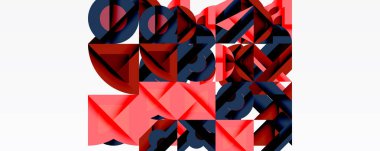 Soyut geometrik bileşim. Kırmızı, koyu mavi şekiller kesişiyor ve karmaşık görsel doku oluşturuyor. Minimalist tarz, temiz arkaplan.