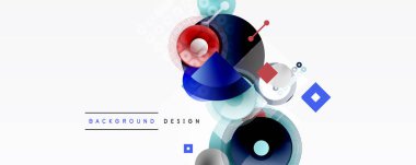 Soyut geometrik şekiller örtüşür, dinamik bileşim yaratır. Mavi, gri tonlar arka planda baskın. Modern tasarım elemanları.