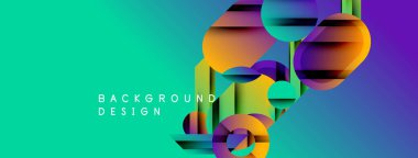 Canlı soyut tasarım. Geometrik şekiller örtüşüyor, renkli katmanlar oluşturuyor. Arkaplan dönüşümleri mordan maviye. Modern görsel element.