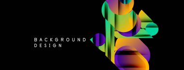 Soyut renkli şekiller siyah arkaplanla örtüşüyor. Gradyan renkler dinamik görsel efekt yaratır. Projeler için modern tasarım ögesi.