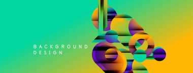 Soyut geometrik şekiller canlı yeşil arkaplanla örtüşür. Modern tasarım elementleri dinamik görsel doku oluşturur. Kalın renkler kompozisyona hakim.