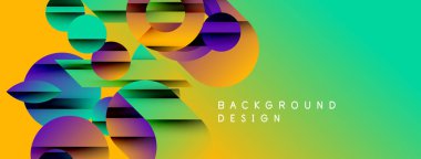 Soyut geometrik şekiller canlı renkleri harmanlarlar. Gradyan geçişler dinamik görsel efekt yaratır. Modern tasarım arka planlar için uygun.