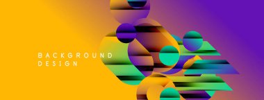 Soyut enerjik tasarım. Daireler, dikdörtgenler, dinamik gradyan etki oluşturur. Sarı, mor, yeşil renkler baskın bileşim.
