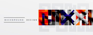 Soyut geometrik desen. Renkli kareler örtüşüyor, dinamik görsel doku oluşturuyor. Metin elementli minimalist tasarım.