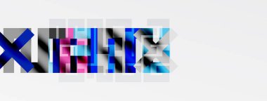 Soyut grafik tasarımı renkli, parçalanmış metinler içerir. Harfler çakışıyor, dinamik görsel etki yaratıyor. Minimalist biçim, beyaz arkaplan.