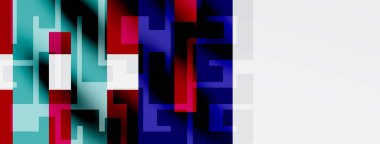 Soyut geometrik bileşim. Kareler, dikdörtgenler aynı renkte desenler oluşturuyor. Koyu arkaplan parlak şekillere zıt.