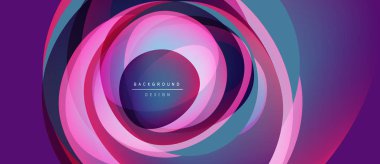 Soyut eşmerkezli daireler, canlı mor, deniz mavisi renkleri. Modern tasarım, dinamik kompozisyon, merkezi metin arka plan tasarımı.