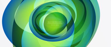 Soyut dairesel tasarım. Canlı yeşil, mavi renkler karışıyor, dinamik görsel efekt yaratıyor. Modern, temiz estetik.