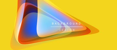 Soyut tasarım canlı örtüşen şekiller içerir. Sarı arkaplan turuncu ve mavi renkleri tamamlıyor. Metin arka plan tasarımı okur. Modern, dinamik kompozisyon.