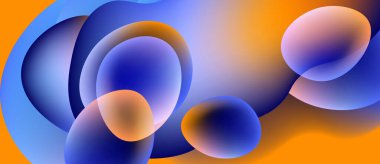 Üst üste binen küreler içeren soyut bileşim. Mavi, turuncu renkler sıvı ve dinamik görsel deneyimler yaratıyor. Yumuşak gradyanlar baskın gelir.