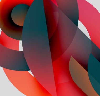 Soyut kompozisyon. Üst üste binen şekiller, canlı renkler, pürüzsüz eğimler dinamik görsel deneyimler yaratır. Modern tasarım.