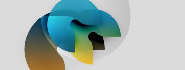 Soyut sıvı şekilleri örtüşür, dinamik renkli bileşim yaratır. Yumuşak eğimler hareketi, ışık etkileşimini önerir. Minimalist tasarım.