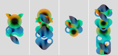 Soyut renkli şekiller örtüşür, dinamik kompozisyonlar oluşturur. Dört panel varyasyonları gösterir, gradyanlar düzgün bir şekilde harmanlanır. Modern tasarım elemanları.