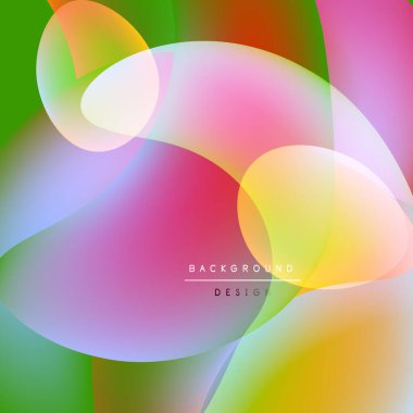 Soyut renkli şekiller örtüşüyor, canlı gradyanlar yaratıyor. Yumuşak kıvrımlar kompozisyona hükmediyor, akıcılık ve hareket izlenimi veriyor. Arkaplan tasarım ögeleri mevcut.