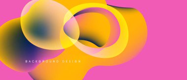 Soyut şekiller örtüşüyor, canlı gradyanlar yaratıyor. Pembe arka plan turuncu ve mavi renkleri tamamlar. Modern tasarım ögesi.