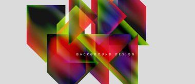 Soyut geometrik şekiller örtüşüyor, canlı renk eğimleri yaratıyor. Tasarım koyu kırmızılar, yeşiller, maviler, morlar içeriyor. Modern estetik.