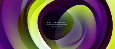 Soyut katmanlar dinamik dairesel desen oluşturur. Canlı mor, yeşil renkler kompozisyona hakim. Modern tasarım ögesi.