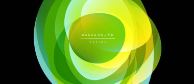 Soyut yeşil katmanlar dinamik dairesel tasarım yaratır. Parlak eğimler hareketi, derinliği ve modern estetiği işaret ediyor. Metin arkaplan tasarımı okur.