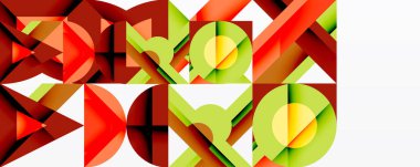 Soyut geometrik bileşim. Kareler, üçgenler, çizgiler dinamik görsel desen oluşturur. Sıcak renkler hakim, modern estetik sunuyor..